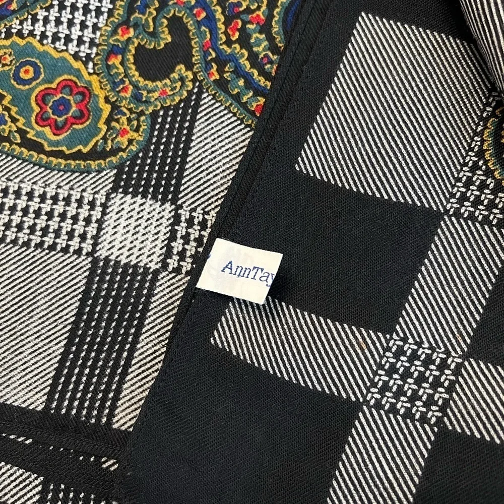 ANN TAYLOR Vintage 100% wool black/ multi plaid & paisley scarf, 34”x34”